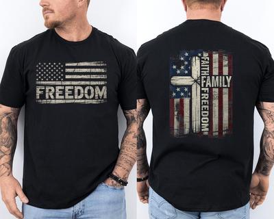 Fé Família Liberdade Bandeira Americana Camiseta Unissex Liberdade de 2 Lados