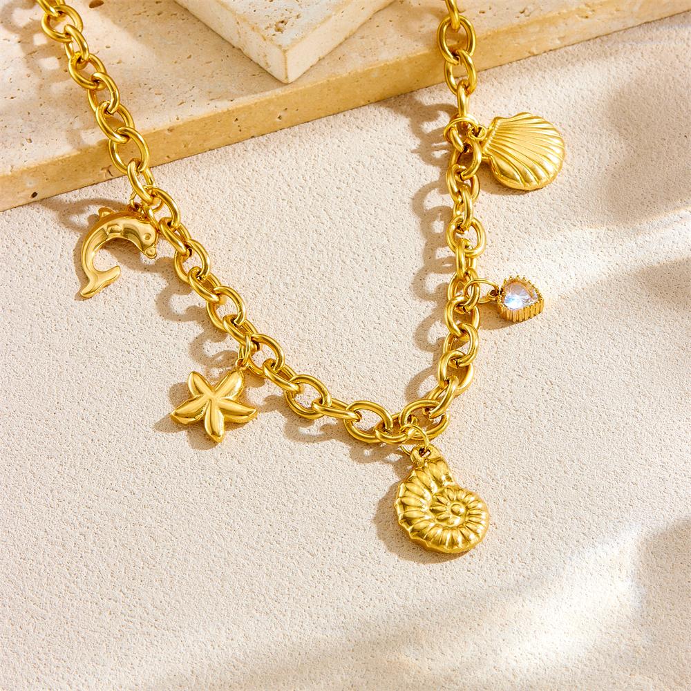 DIEYURO 316L Stainless Steell Golden Conch Shell Starfish Heart Zircon Pendant Necklace For Women Clavicle Chain Glamorous Gift