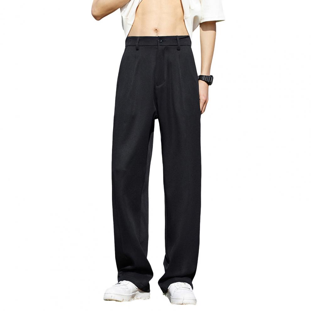Men Suit Pants Straight Wide Leg Loose Mid Waist Pockets Deeep Crotch Button Zipper Closure Loose Formal Business Style Office W