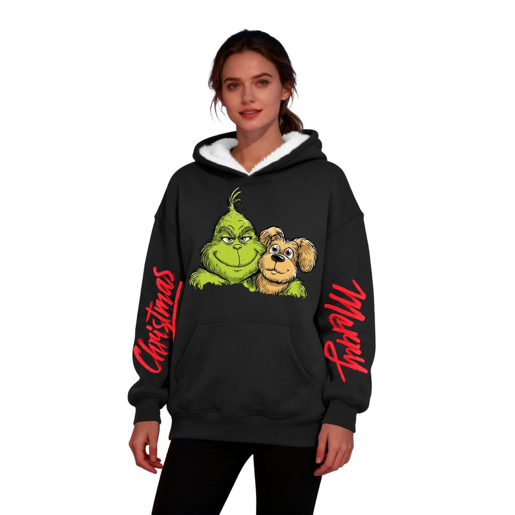 Women's Casual Fashion Plus Velvet Thickened Christmas Print Hooded Sweatshirt