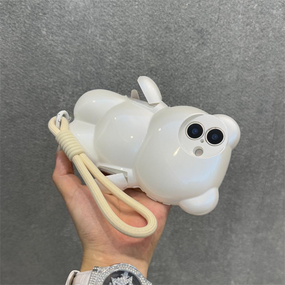 3D Cartoon Bear Wrist Chain Lanyard Phone Case for iPhone 16 15 14 13 12 11 Pro Max Plus Lovely Sweet Silicone Shockproof Cover