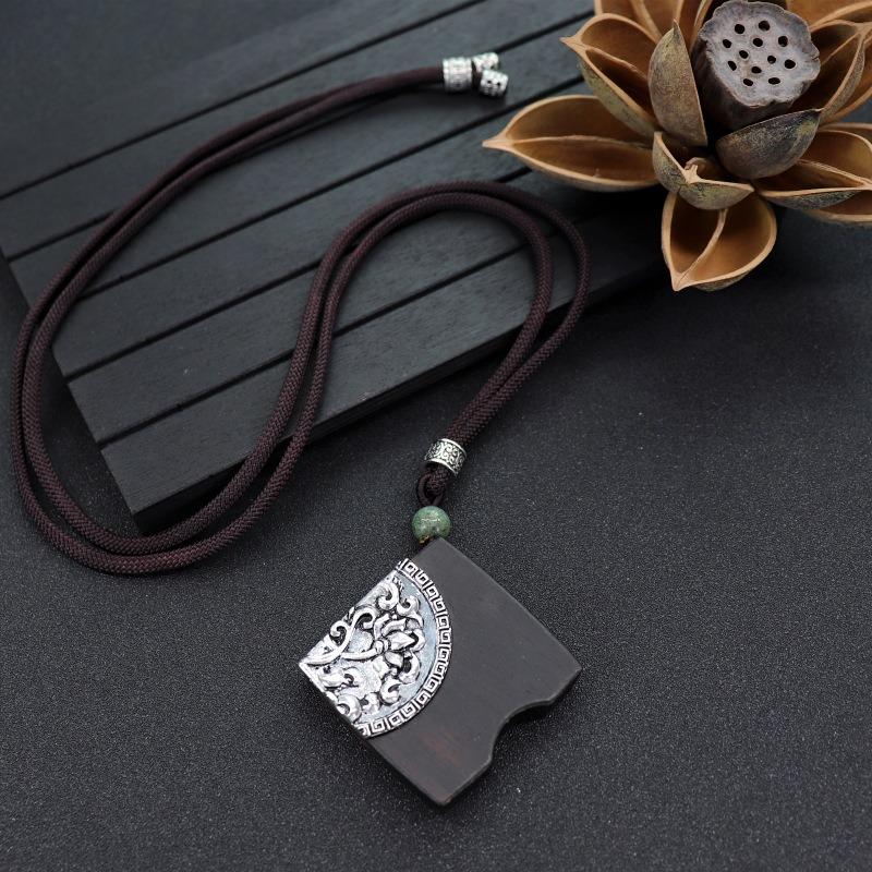 Retro Literary and Artistic Long Ebony Necklace Wooden Pendant Women's Simple Zen Sweater Chain Cotton and Linen Accessories