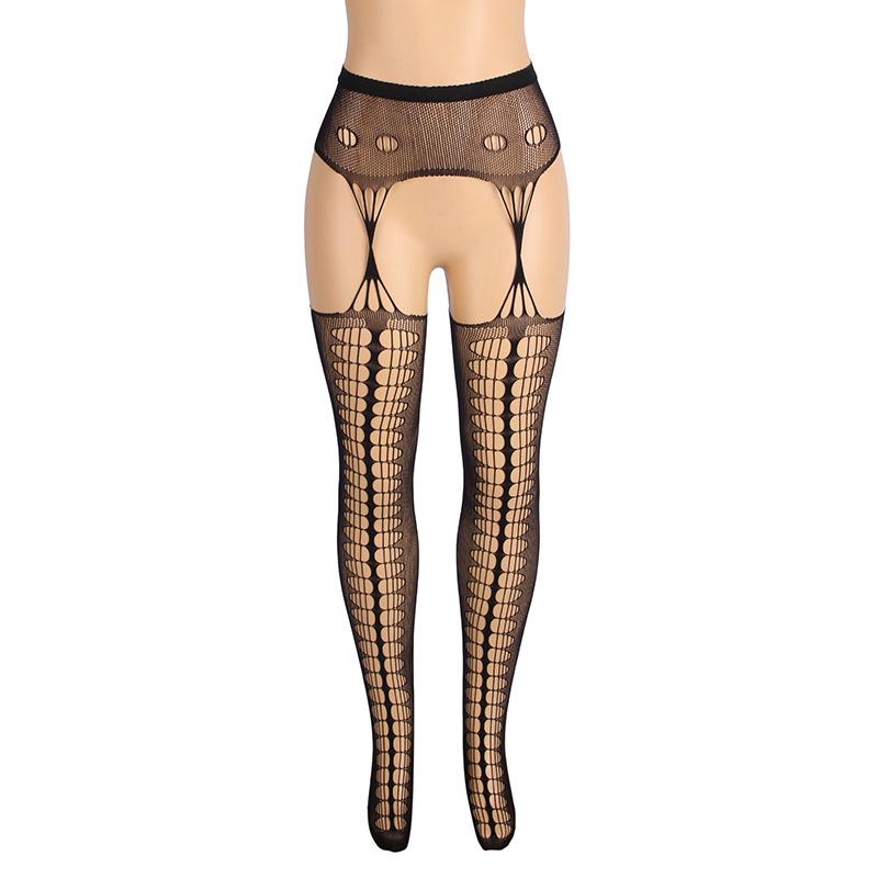 Fun large size sexy hollow fishing net socks lace suspenders integrated jacquard elastic open-file fine mesh socks