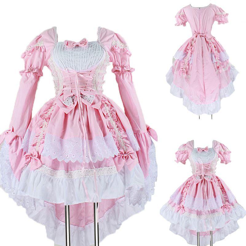 Elegant Women's Lolita Princess Maid Dress With Ruffle Puff Sleeves And Lace Decoration