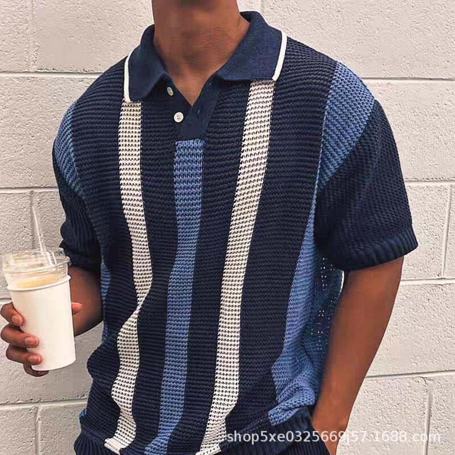 Men S Striped Short Sleeve Knit Polo Shirt Casual Summer M