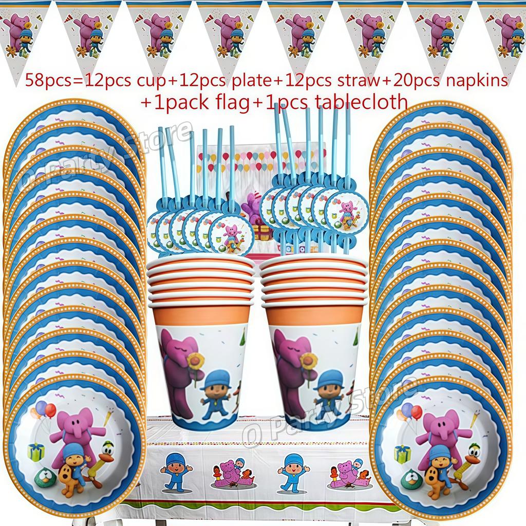 Pocoyo Geburtstag Dekorationen Einweg Geschirr Becher Teller Luftballon Banner Für Kinder Mitgebsel Babyparty Deko Party Zubehör Geschenk