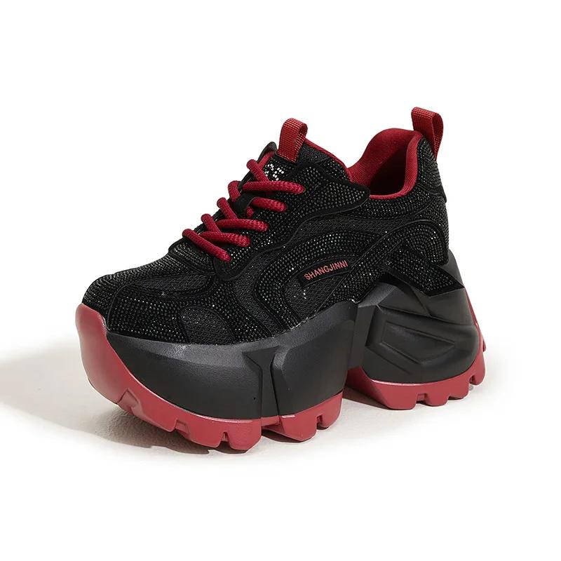 Fashion High Quality 11CM Microfiber Leather 2025 Spring Shoes Ankle Booties Women Vulcanize Chunky Sneakers Platform Wedge Bling Autumn