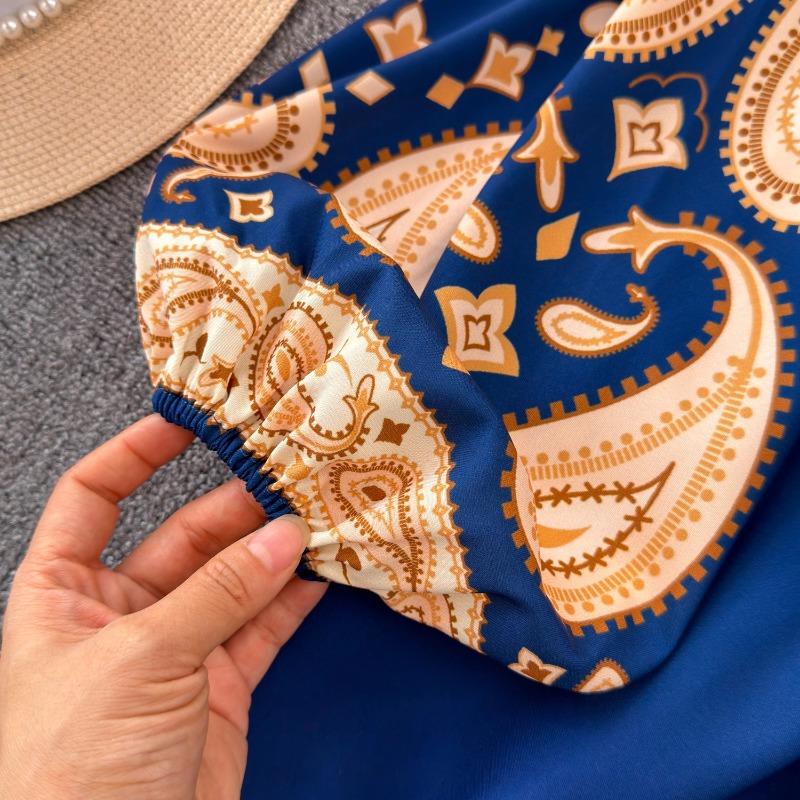 Vintage Evening Dress for Women Print Pleated Puff Sleeve Vestidos Button Designer Femme Robe Temperament Office Lady Ropa Mujer