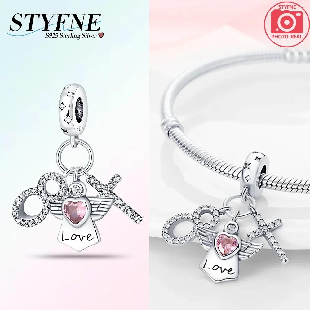 Copper Original Pink-Winged Angel Cross Green Garland Girl Pendant Charm Beads Fit Bracelet Women Diy Fine Gift Accessory