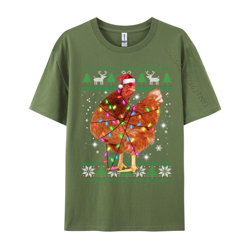 Ugly Christmas Chicken Santa Hat Lights Sweater Xmas T-Shirts Natural Cotton Man Fashion T-Shirt Chicken Santa T-Shirts Casual
