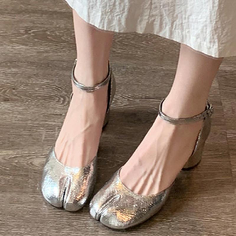 Damskie Czółenka z Dzielonym Palcem Średnie Obcasy Mary Jane Okrągły Wysoki Obcas Buty Damskie Pasek z Klamrą Płaskie Sandały Buty Jednolity Kolor Stylowe