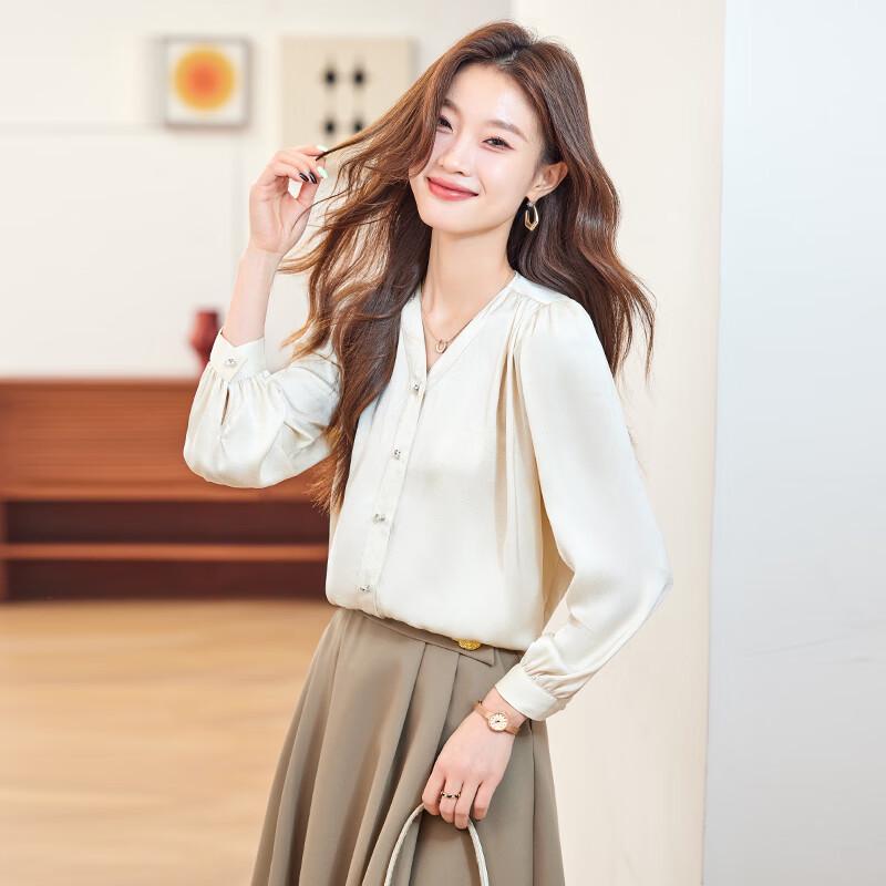 Women's Professional Gold Button V-Neck Chiffon Blouse