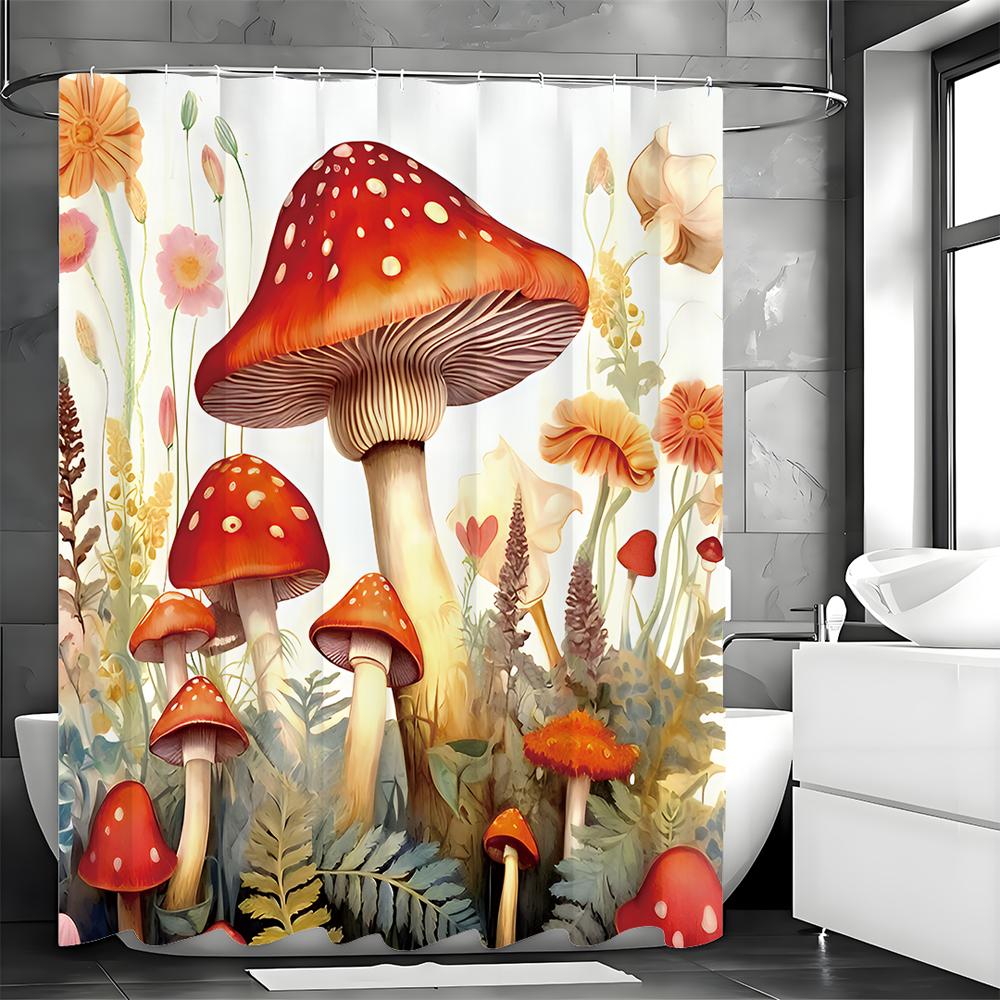 Red Mushroom Shower Curtain, Red Mushroom, Spring, Watercolor Art Painting Bathroom Decorative Shower Curtain, Waterproof Shower