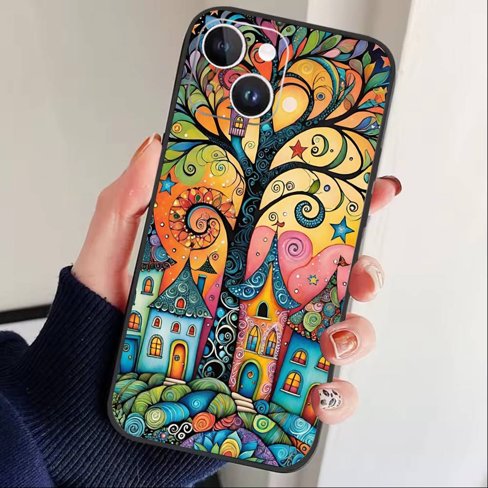 Whimsical landscape Starry Night Phone Case For iPhone 17 16 15 14 13 12 Max Plus Silicone Black Cover