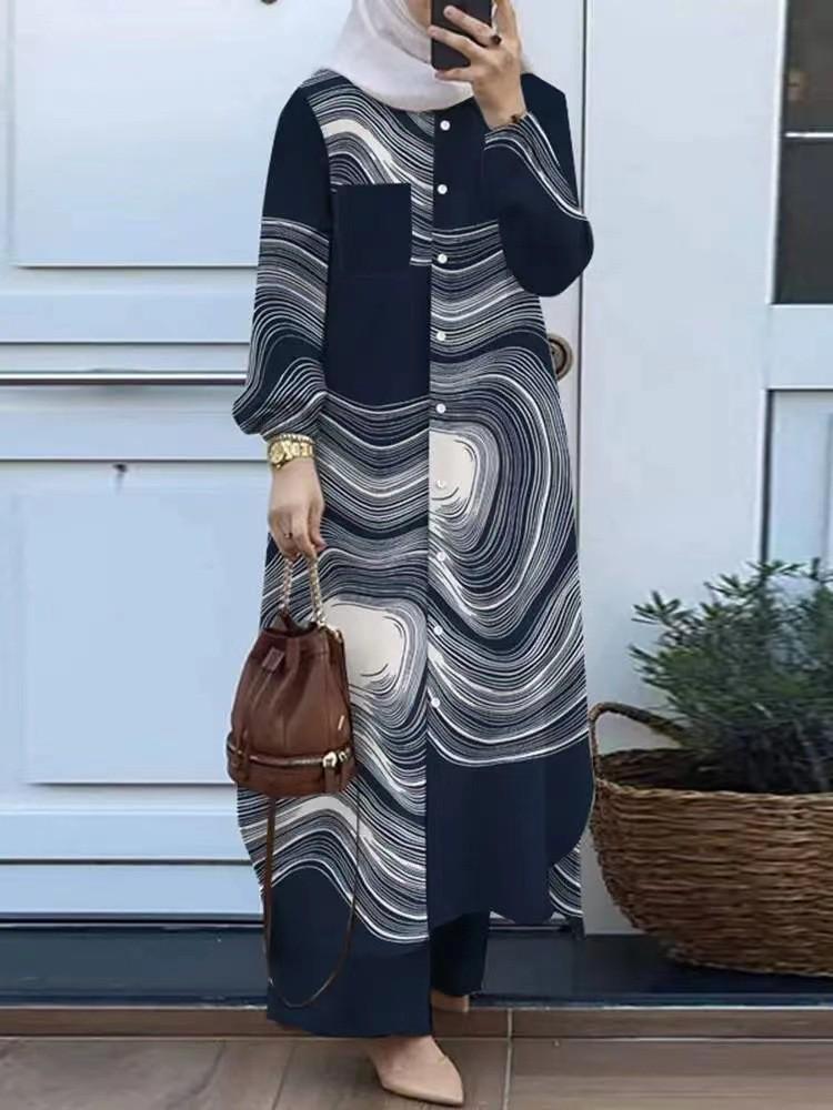 Costum retro din două piese pentru femei musulmane, cu imprimeu floral, cămașă lungă și pantaloni cu picior larg, 2026, pentru primăvară și toamnă
