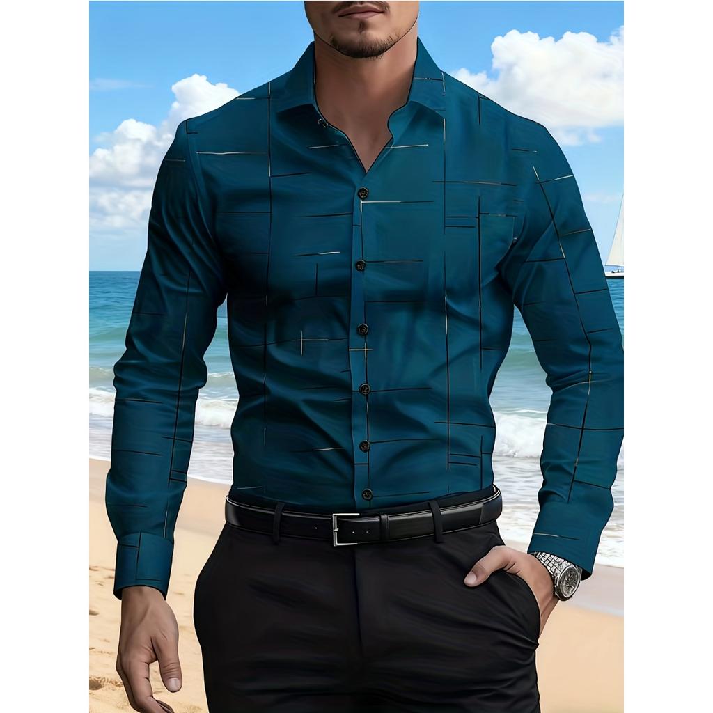 Men's Trendy Geometric 3D Line Print Long-Sleeved Shirt Men's Button up Shirt Casual Fashion Male White Shirt Lapel Shirt Tops