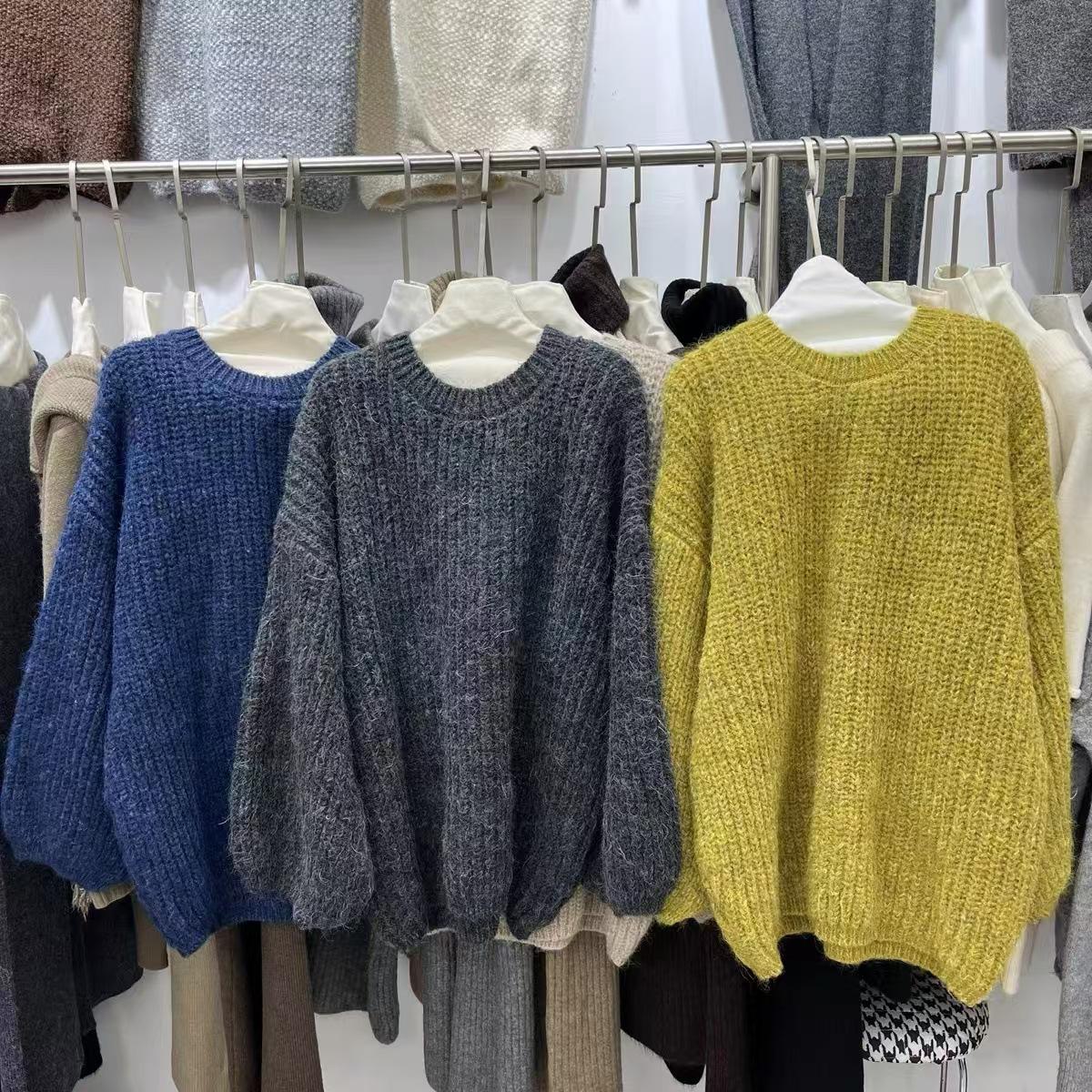 

Ленивый ветер свободный мягкий восковой круглый вырез рукав-фонарик вязаный свитер женский новый осень и зима однотонный рубчик вязаный свитер One size