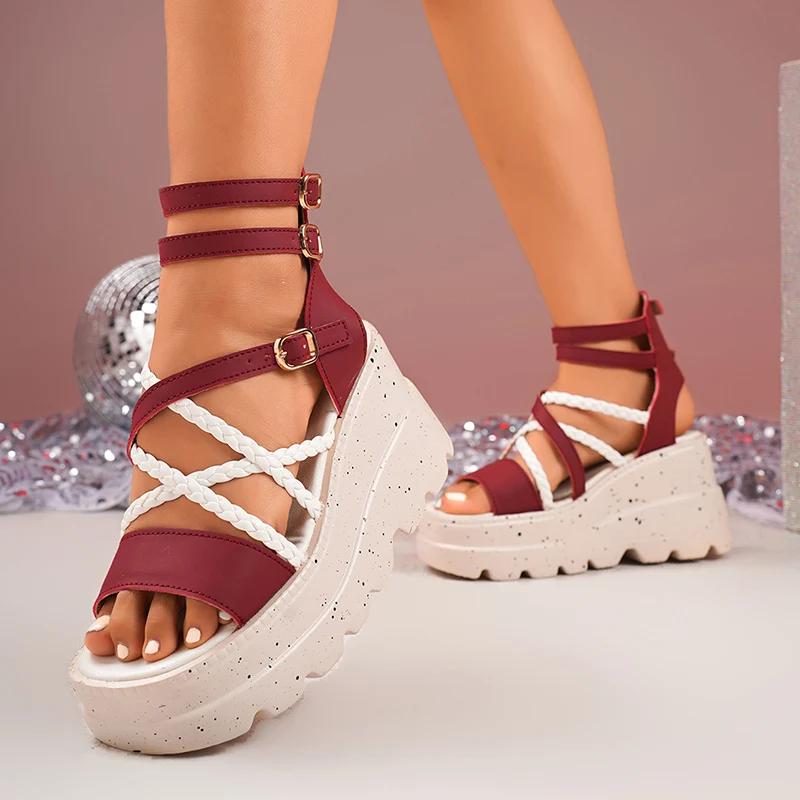 Fashion Cross Band Chunky Platform Sandals Women 2025 Summer Thick Sole Wedges Rome Sandles Woman Super High Heel Gladiator Sandalias 43