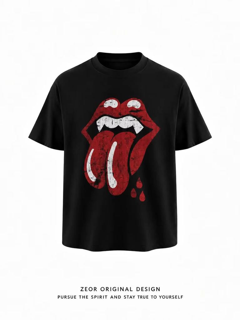 Sorona Coolcomfort Summer Mens Shortsleeved Tshirt With Rolling Stone Tongue American Retro Streetwear Loose Top