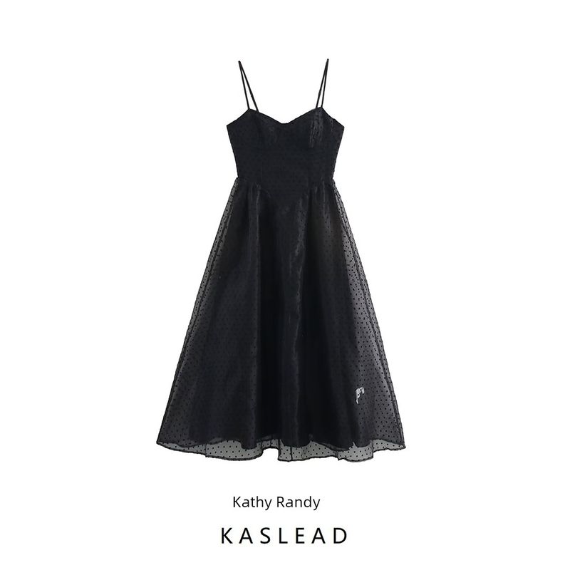 Kaslead New Women Clothes Western Style Fashion Simple Sexy Flocking Polka Dot Sling Long Dress