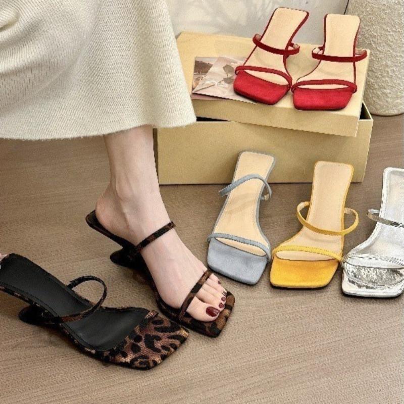Fashion Summer Women Shoes High Heels Slippers Leopord Square Toe Wedge Heel Dress Shoes Casual Shoes Fashion Lady Banquet Party Sandals
