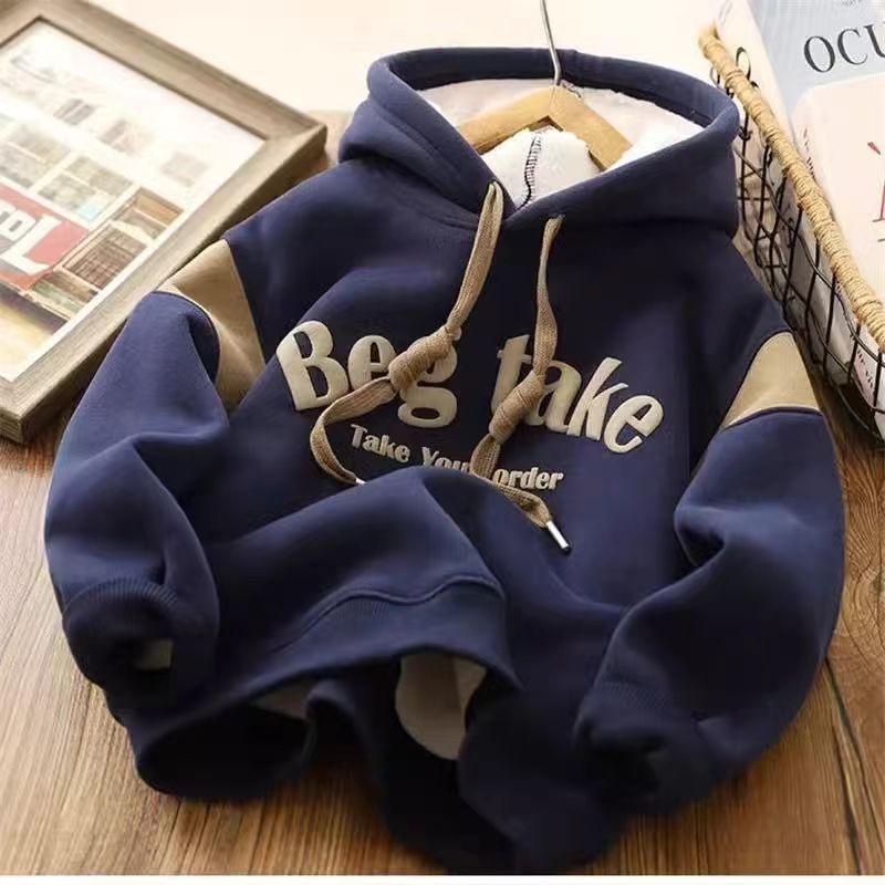 

«Стильная толстовка с капюшоном из утолщенного бархата для мальчиков 2024 года — модный топ с длинными рукавами для детей» 150cm