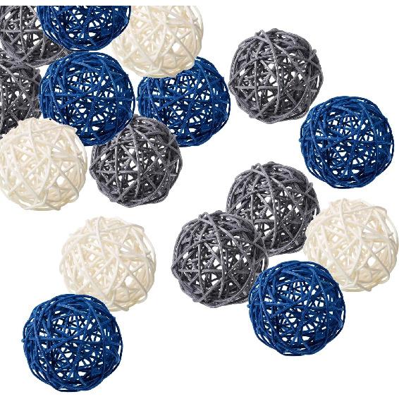 15 PCS Mixed Blue Gray White Natural Decorative Wicker Rattan Balls- Vase Filler, House Ornament, Christmas Tree Garden Wedding Party Coffee Table