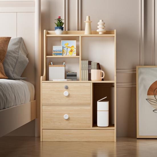 Bedside Table, Bedroom Nightstand, End Table with 2 Drawers and Opening Storage Shelves, Couch Table Wooden Bedside Table for Living Room