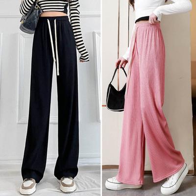 Summer Casual Pants Elastic High Waist Adjustable Drawstring Long Trousers Solid Color Pleated Straight Wide Leg Pants