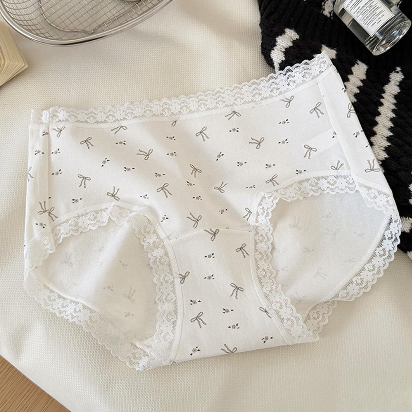 

Women s New Summer Sweet Print Lace Edge Cotton Antibacterial Breathable Mid Waist Briefs M белый