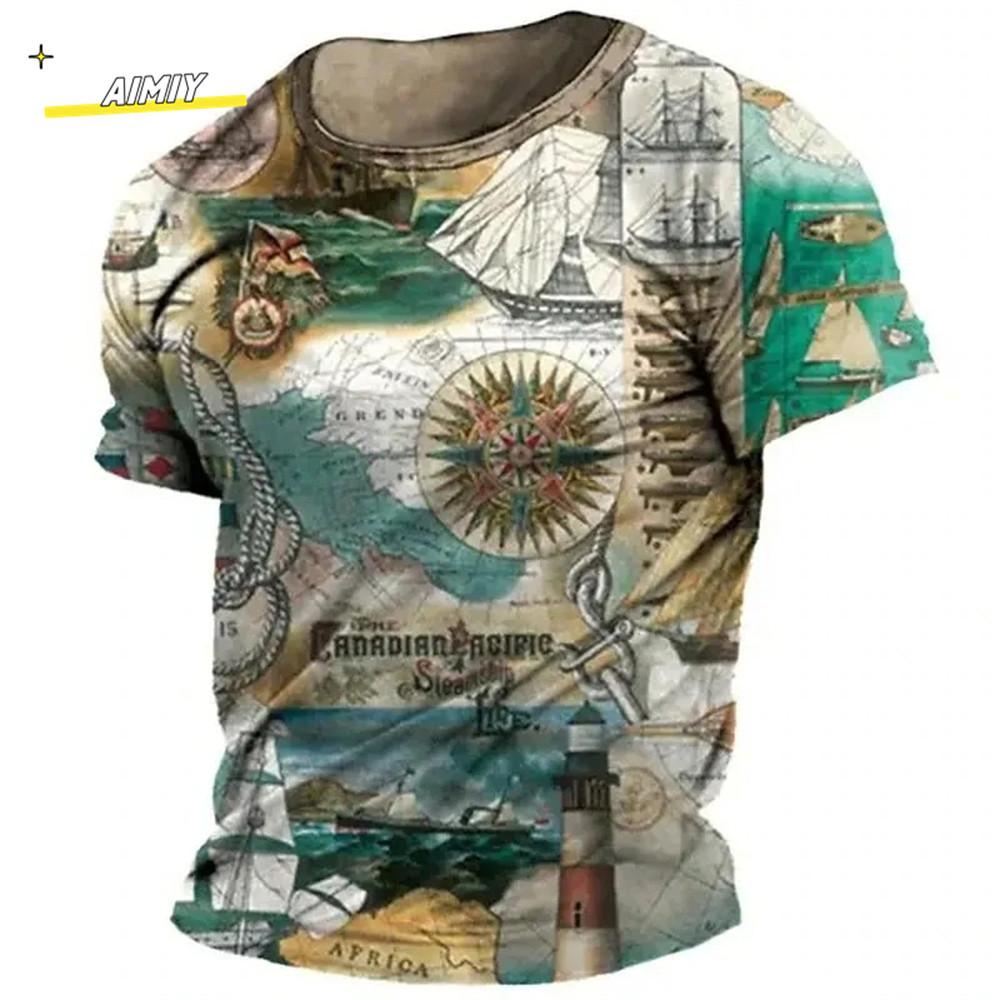 Vintage Summer Compass Pattern 3D Printed Short-sleeve Men's T-shirts Loose Daily Men Clothing Casual Streetwear