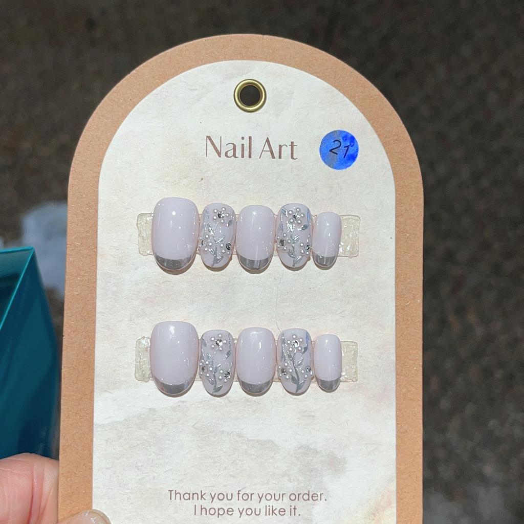 10Pcs French Almond Handmade 3D Flower Press On Nails Reusable Stick On False Nails