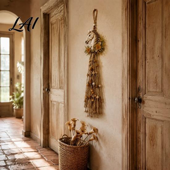Unique Horse Head Craft Gift Farmhouse Wall Decor Boho Hanging Ornament with Wood Beads Natural Flax Rope Art Tassels Rustic for Living Room