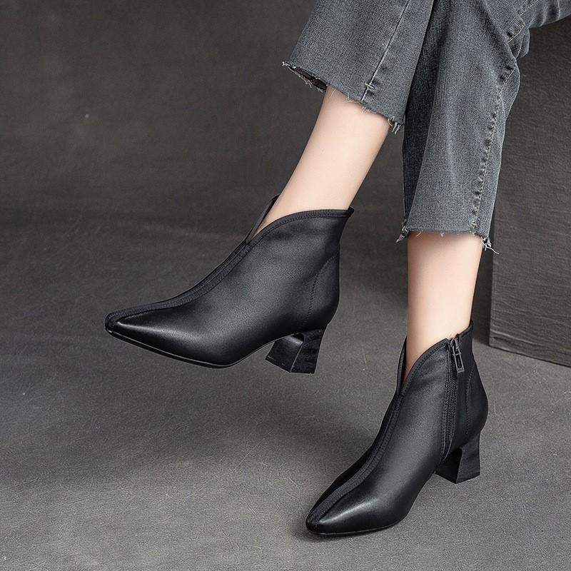 Johnature High Heel Pointed Toe Women Boots Vintage Genuine Leather Versatile Temperament Lady Shoes