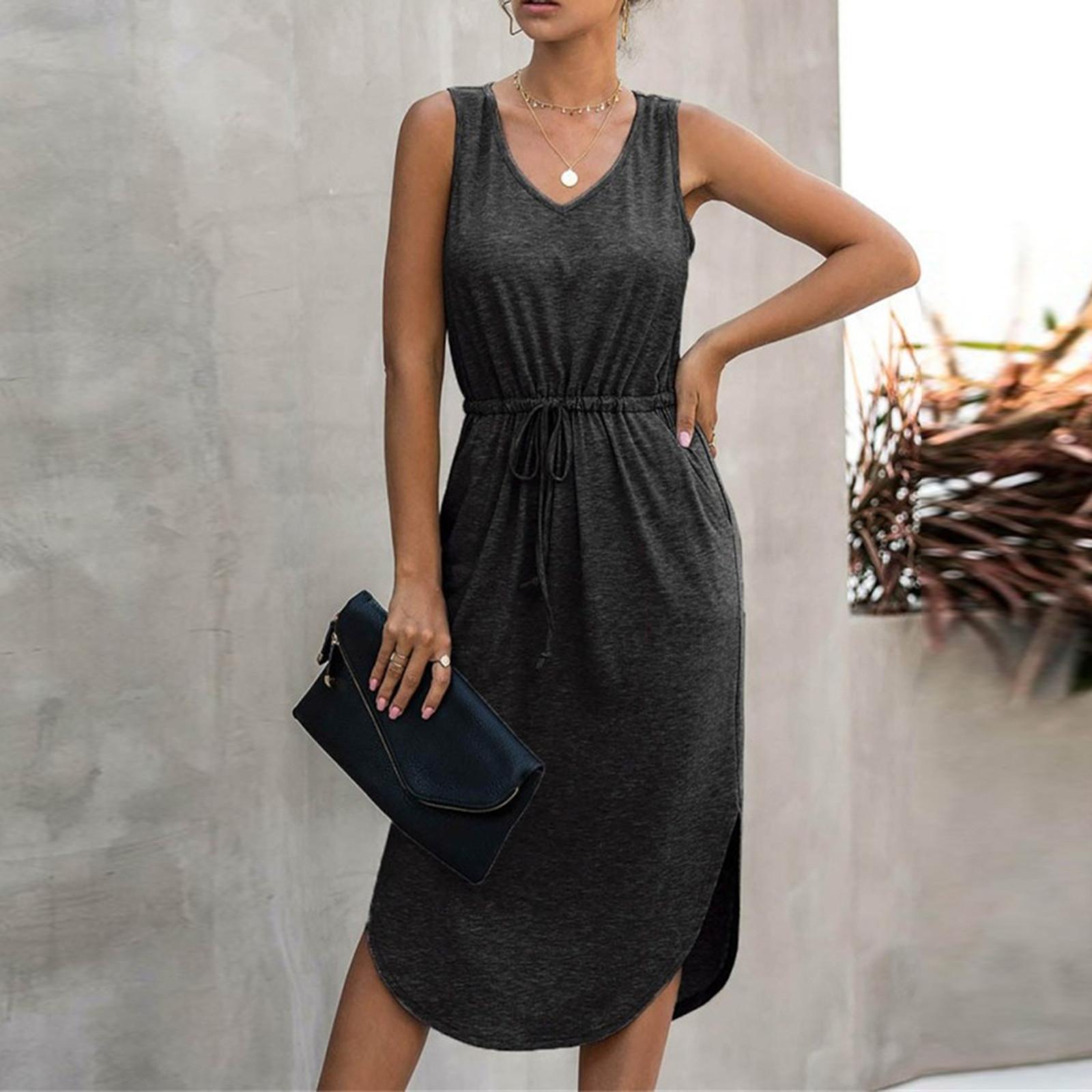 

Женское летнее повседневное однотонное сексуальное свободное платье без рукавов с v-образным вырезом на талии и шнуровкой, неровный подол L