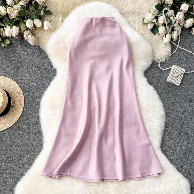 

Fashion Adult Lady like Woman Classy Mid Length Long Length Mermaid Dress Satin Purple pink M