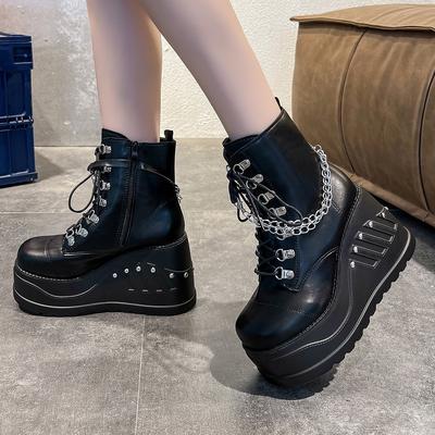 Large Size Wedge Heel Black Martin Boots Women's Round Head Metal Chain Belt Buckle Boots Women's