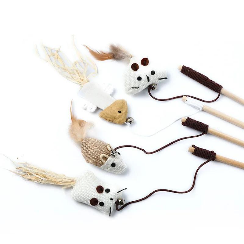 Interactive Cat Feather Teaser Toy Wooden Wand Stick with Linen Mouse for Kitten Play Pet Supplies