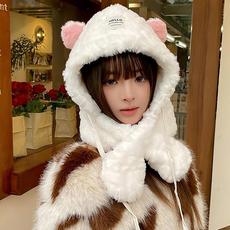 Korean-Style Cute Bear Plush Hat & Scarf Set for Women - Cozy Autumn/Winter Wear