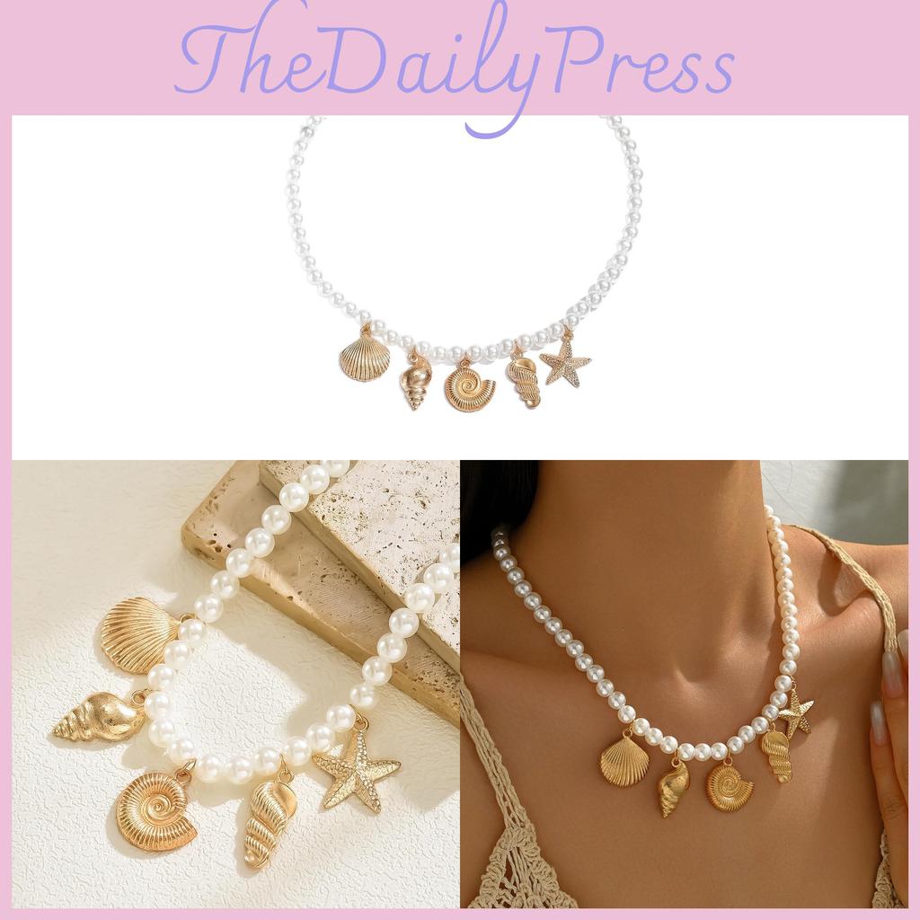 Oceanic Shell Starfish Pendant Necklace With Pearl Accents For Women
