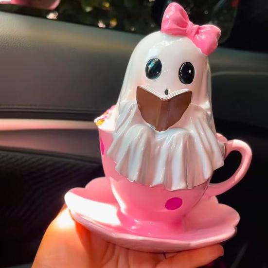 1/2Pcs Halloween Reading Ghost Figurine Pink Teacup Ghost Statue Resin Sculpture Home Office Holiday Party Desktop Decoration Ornament
