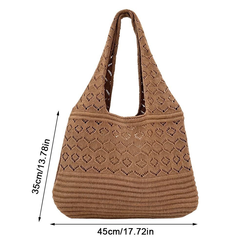 Simple Look Diamond Pattern Tote Bag Hollow Out Solid Color Woven Handbag Retro Style Knit Fabric Knitted Bag Women