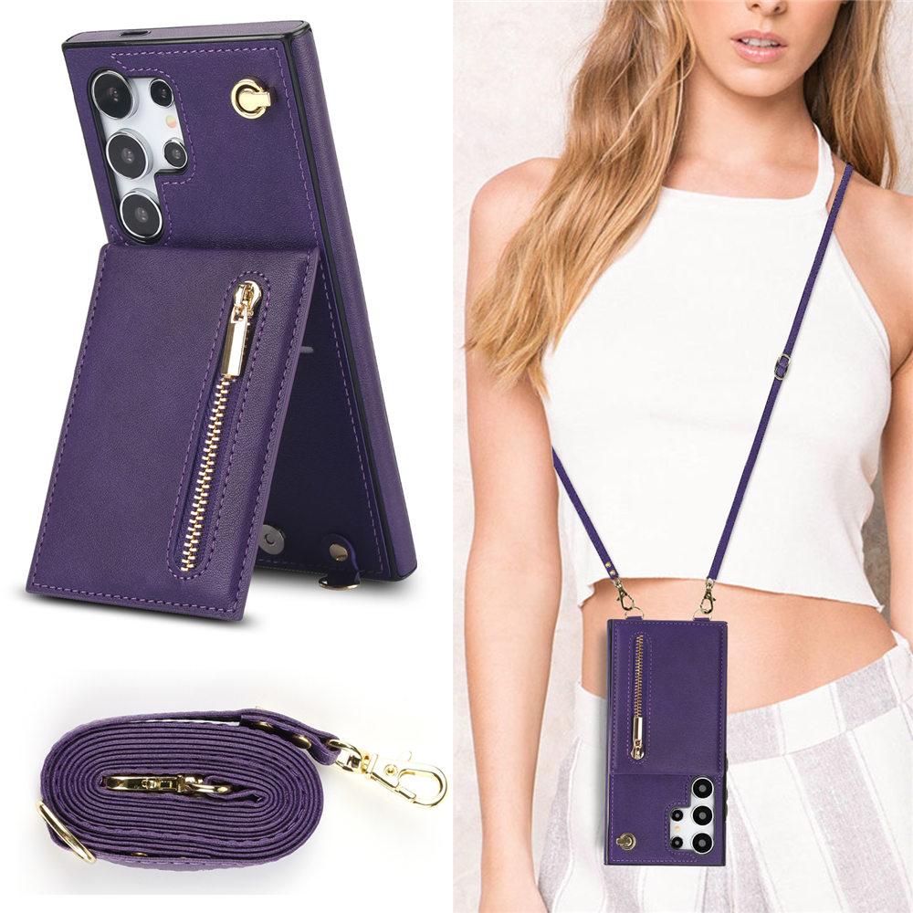 Zipper Crossbody Wallet Case For Samsung Galaxy S25 S24 Ultra S23 Plus S24FE S22 S21 S20 Note 20 Cards Holder Lanyard Cover