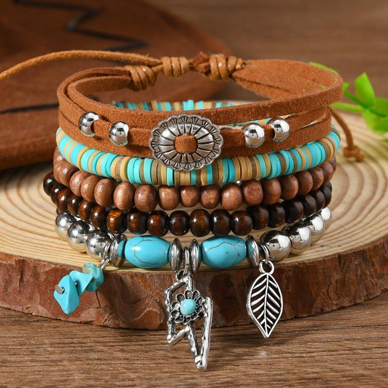5-Piece Set of New Wood Bead Beaded Soft Pottery Turquoise, Velvet Men's and Women's Bracelets, Suitable for Daily Wear by Men and Women