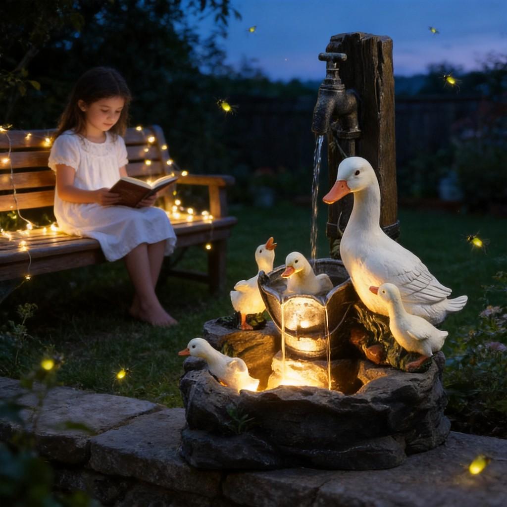 Squirrel And Duck Solar Water Fountain Resin Garden Decor For Patio And Lawn