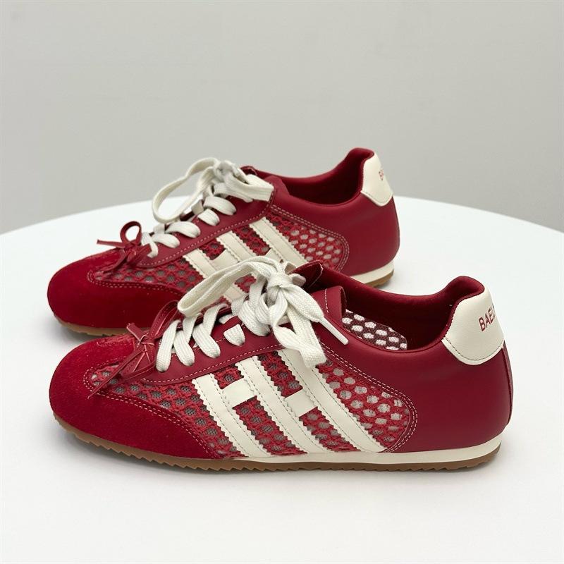 

Версия из коровьей кожи~ ретро круглый носок сетчатый бант на шнуровке женские универсальные спортивные и повседневные туфли на шнуровке 35 красный