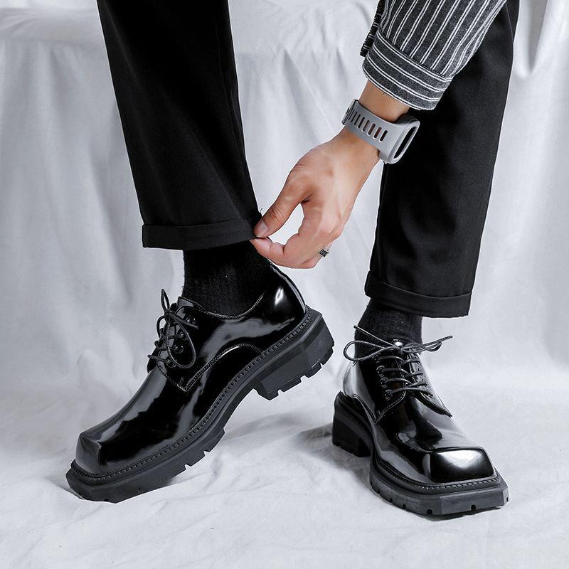 Pantofi Derby pentru bărbați din piele lăcuită cu vârf pătrat - Negru, Lucios, Casual, Stil britanic și coreean, Cu înălțare, Modă de vară