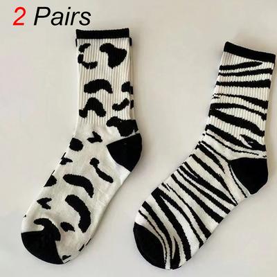 2 Paia Calzini da Donna a Mezzo Polpaccio Cartoni Animati alla Moda Stampa Mucca Zebra Stile College Carini Comodi Casual Calzini a Collo Rotondo