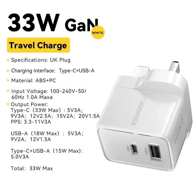Essager 33W ammonifisert hjemmereiselader USB A + C