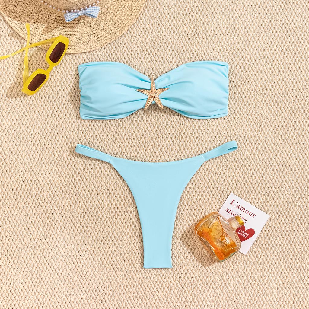 Solid Tie Side Starfish Decor Sexy Two Piece Bikini Swimsuit Fashion Elegant For Vacation